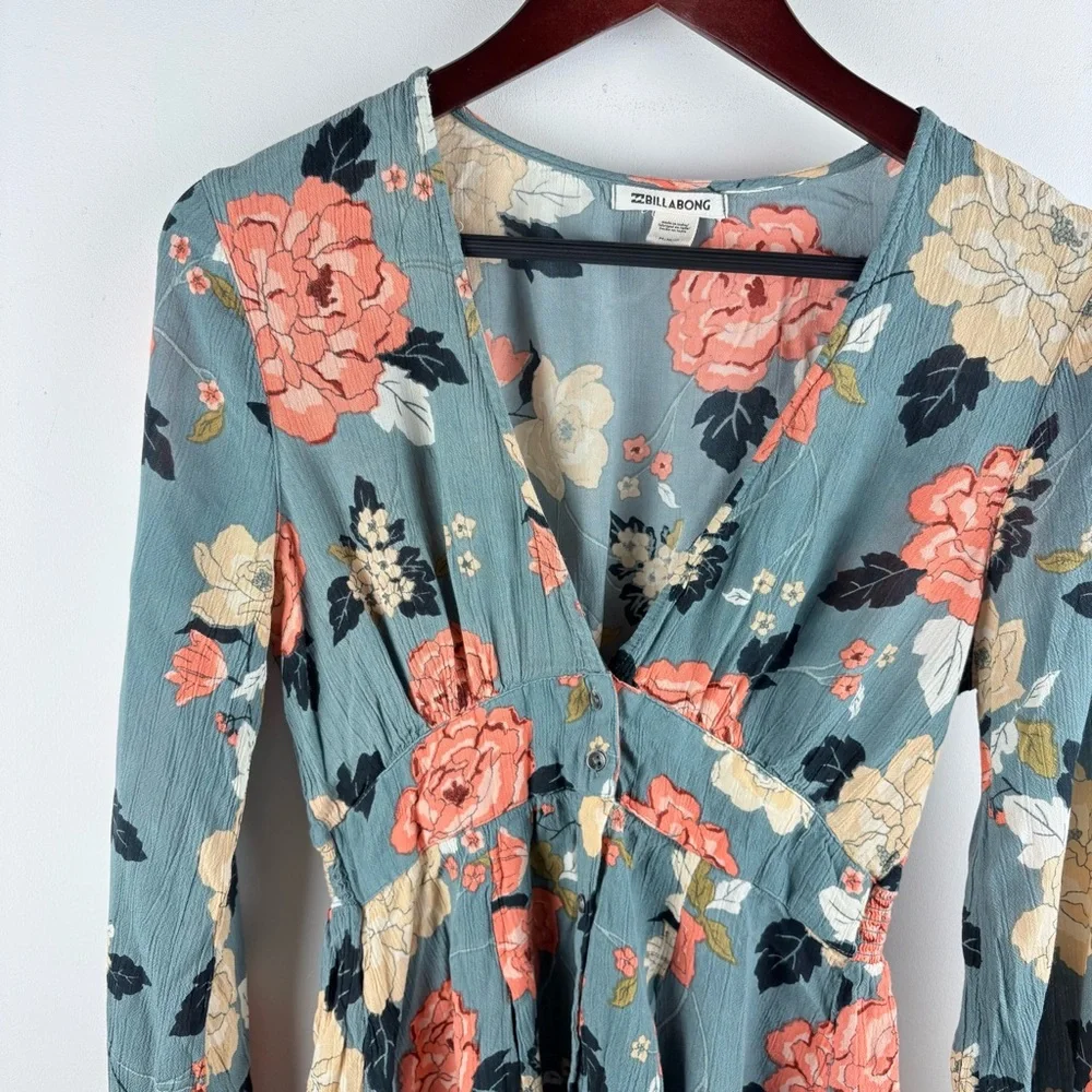 Billabong Your Love Skater Mini Dress Blue Pink Floral Flowy Rayon Boho Medium - Picture 6 of 12